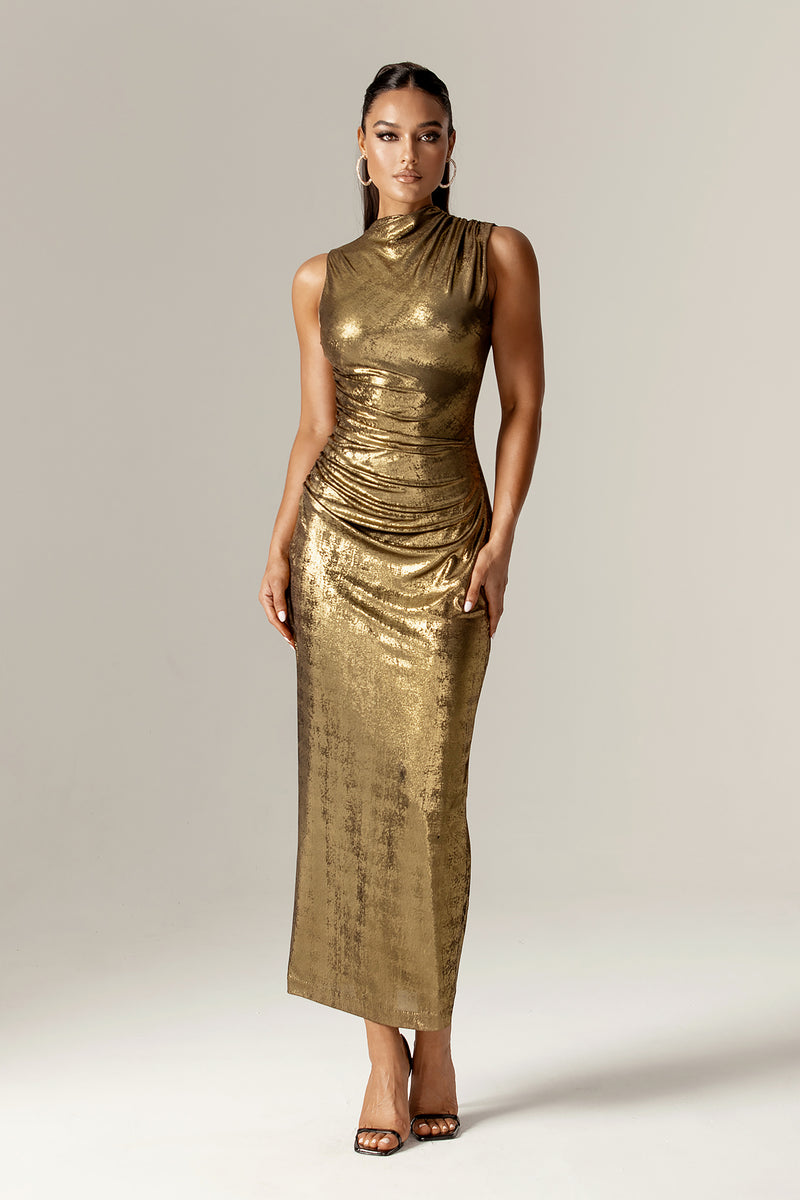 jocelina gold dress Doreena Metallic Ruched Maxi (Gold) XL Choose your rental duration:8 Days antla_in_funnel_281 this gown offers a herve leger fringe dress