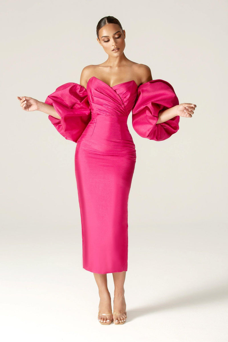 hot pink dress puff sleeves Tiffany Dupioni Sleeve Maxi (Hot Pink) XS Pink midi dress