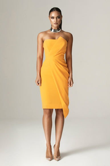 yellow corset midi dress Eliana Crepe corset Midi Dress (Orange)