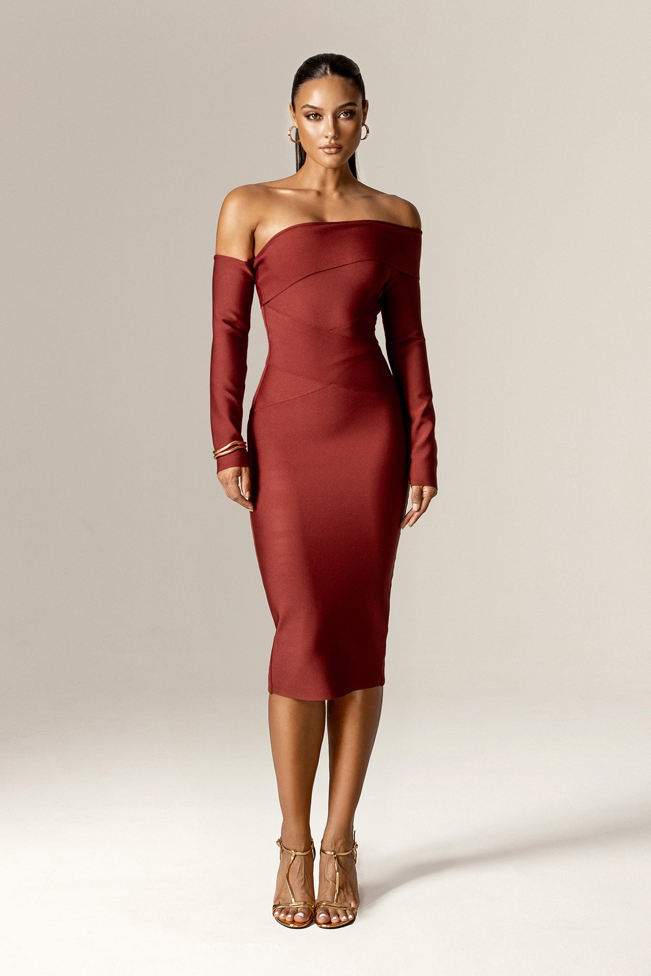 Shiva Off-Shoulder Bandage Midi Dress (Fire Brick)