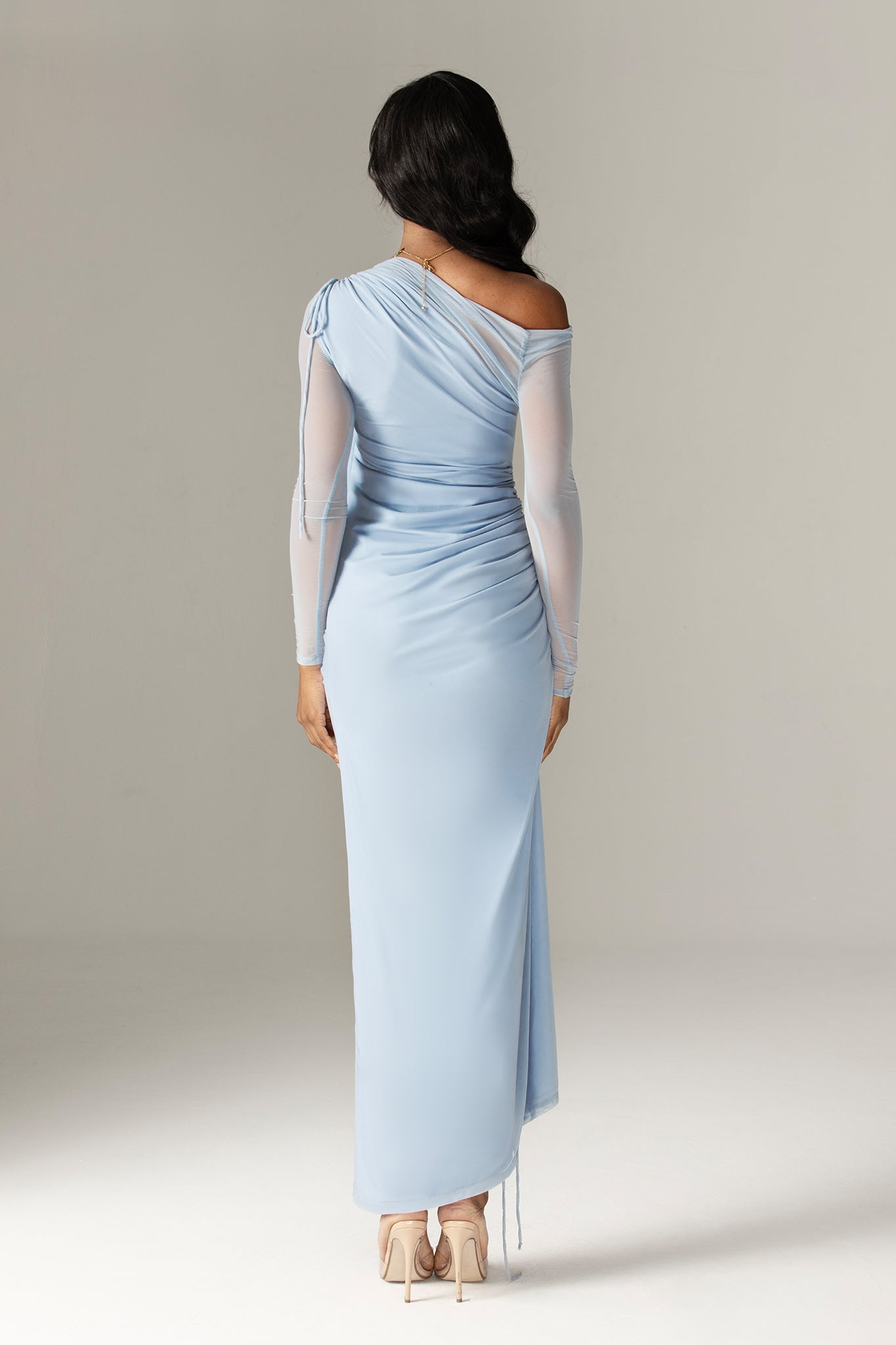 Dua Organza Ruched Mesh Long Sleeve Cut Out Maxi Dress (Soft Blue)