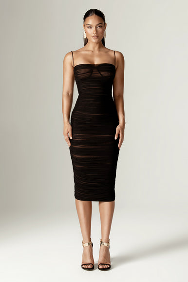 Justina Ruched Organza Mesh Midi Dress (Black) Justina Ruched Organza Mesh Midi Dress (Black)