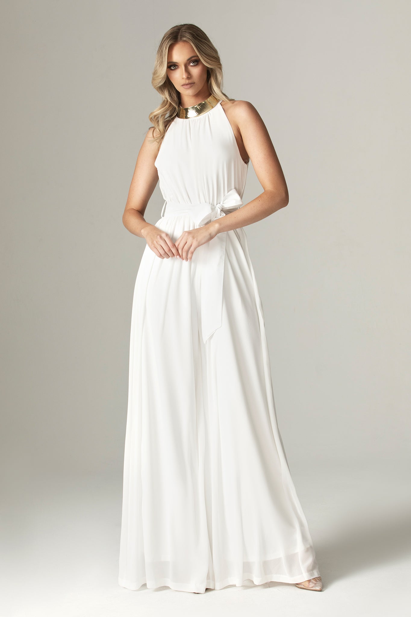 Fadia Chiffon Wide Leg Belted Jumpsuit (Off White)
