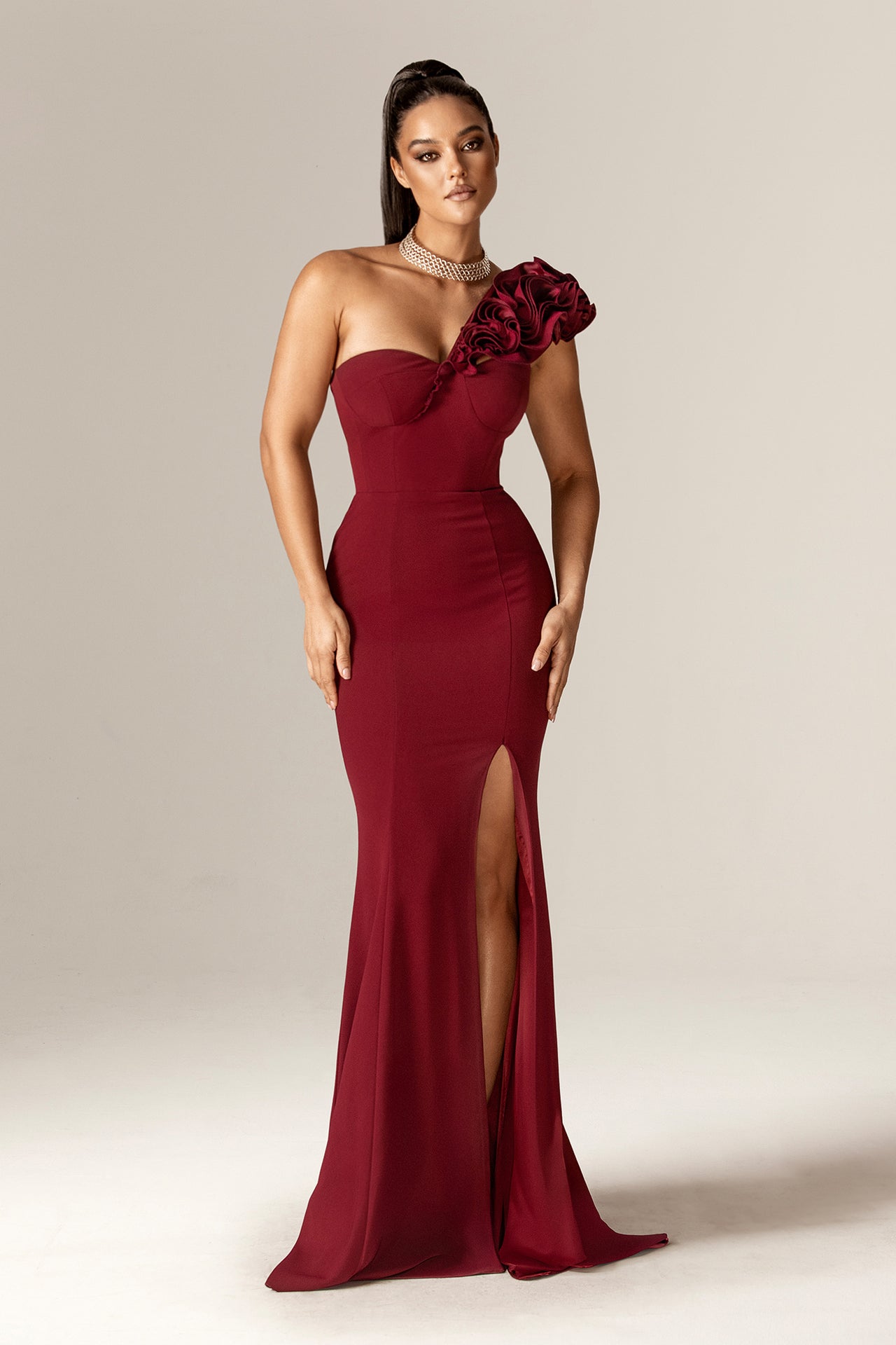 Avery 3D Flowers Corset Maxi Gown (Maroon)