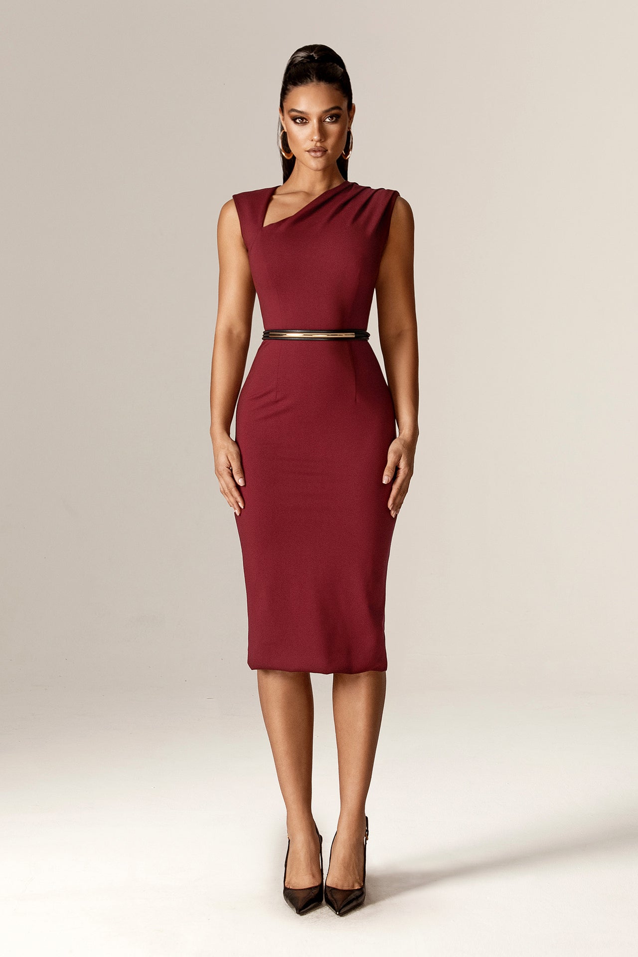 Luna Draped Shoulder Cutout Midi Dress (Burnt Maroon)