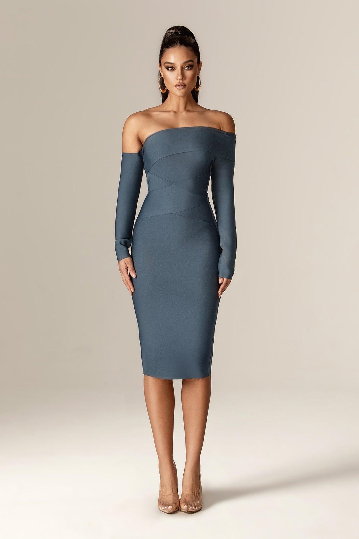 Aliava | Shiva Off-Shoulder Bandage Midi Dress (Blue Bayberry) M Aliava | Shiva Off-Shoulder Bandage Midi Dress (Blue Bayberry) M