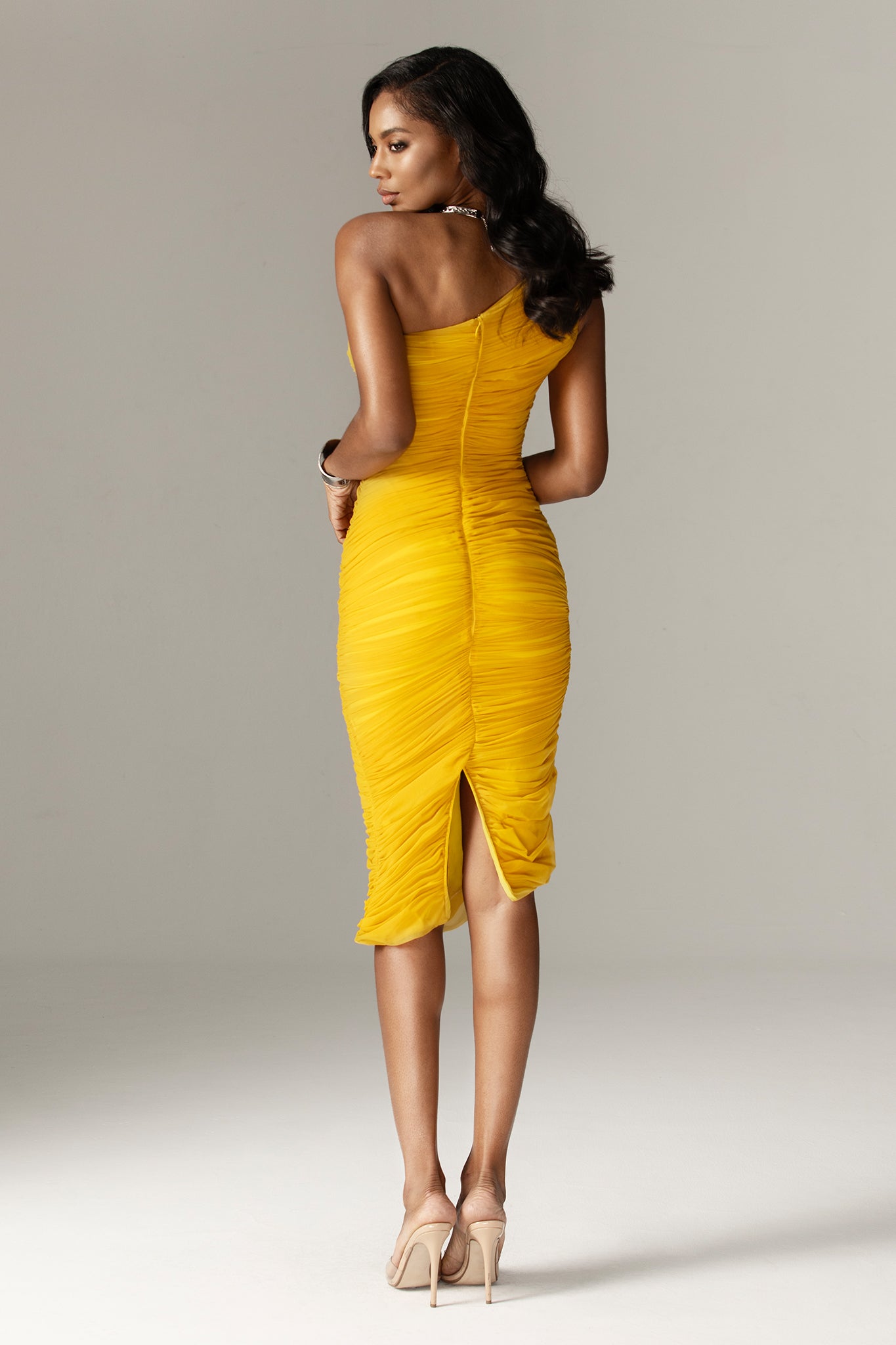 Natasha Ruched Organza Mesh Midi Dress (Yellow)