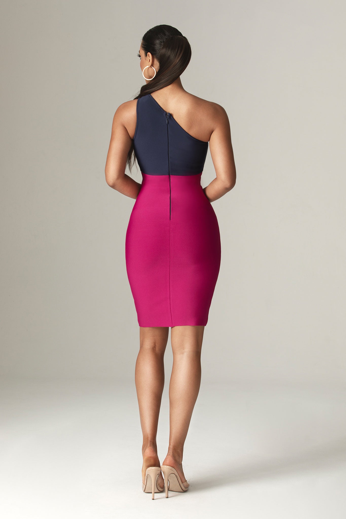 Ira One Shoulder Two Tone Bandage Mini Dress (Navy Blue & Fuchsia)