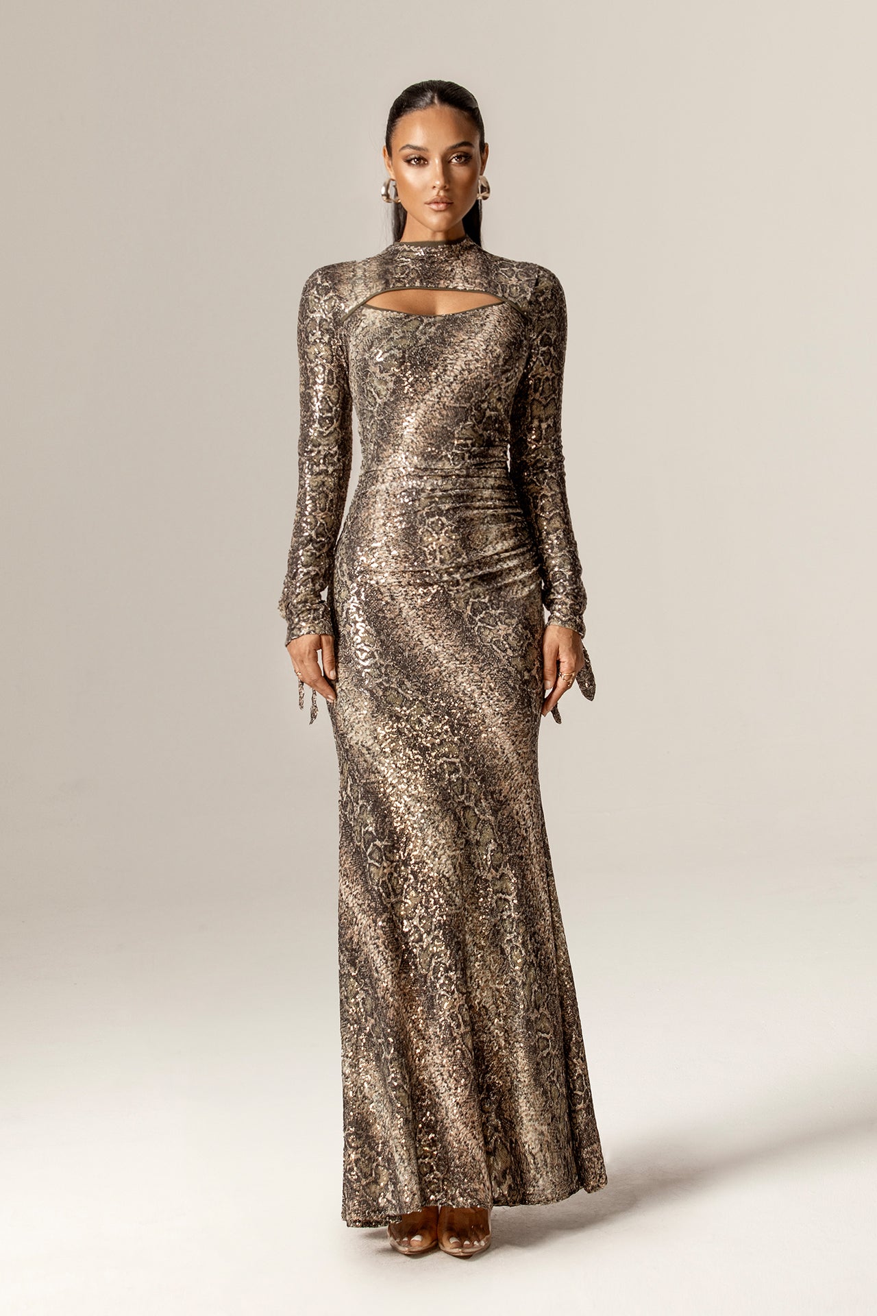 Dorty Sequins Mesh Maxi Dress (Snake Print)