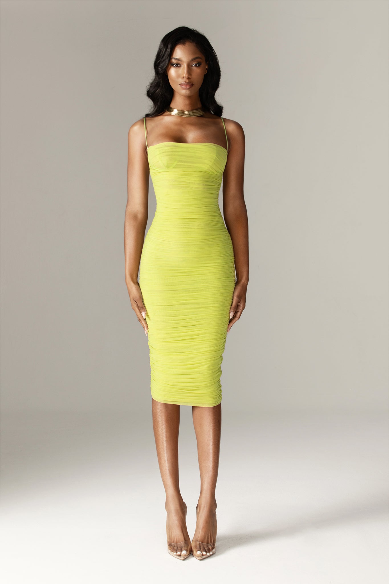 Justina Ruched Organza Mesh Midi Dress (Lime)