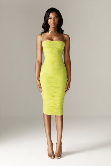 mesh organza dress Justina Ruched Organza Mesh Midi Dress (Lime)
