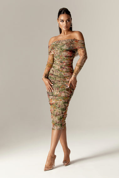 Hayley Off Shoulder Midi Dress (Floral Print) M