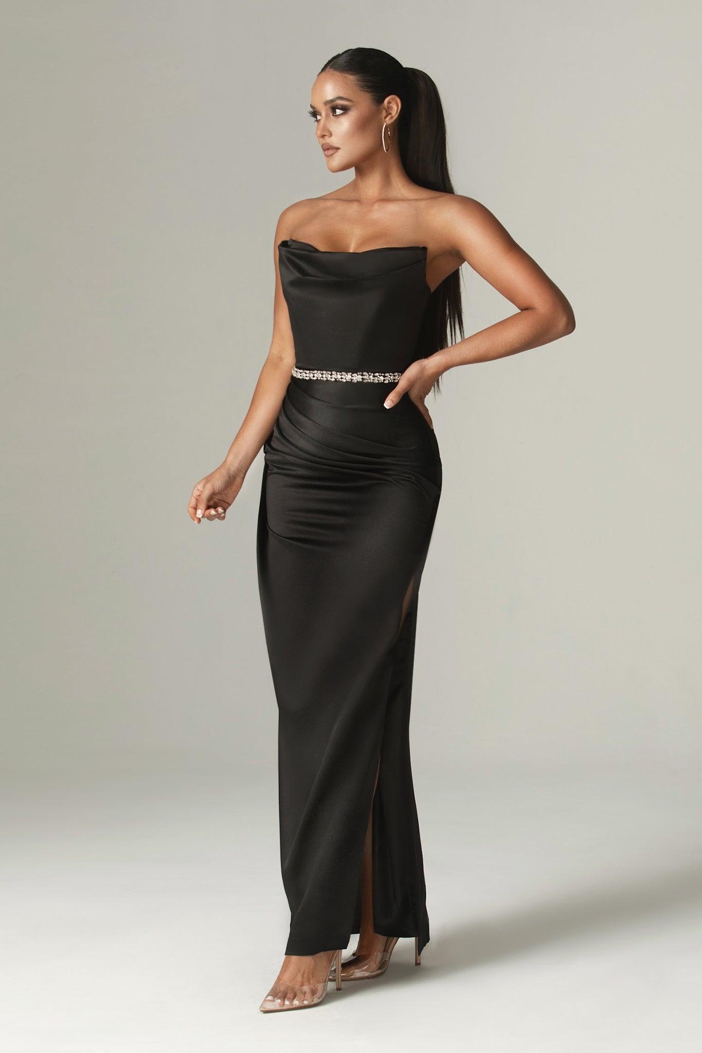 Alara Duchess Crystal Gown Dress (Black)
