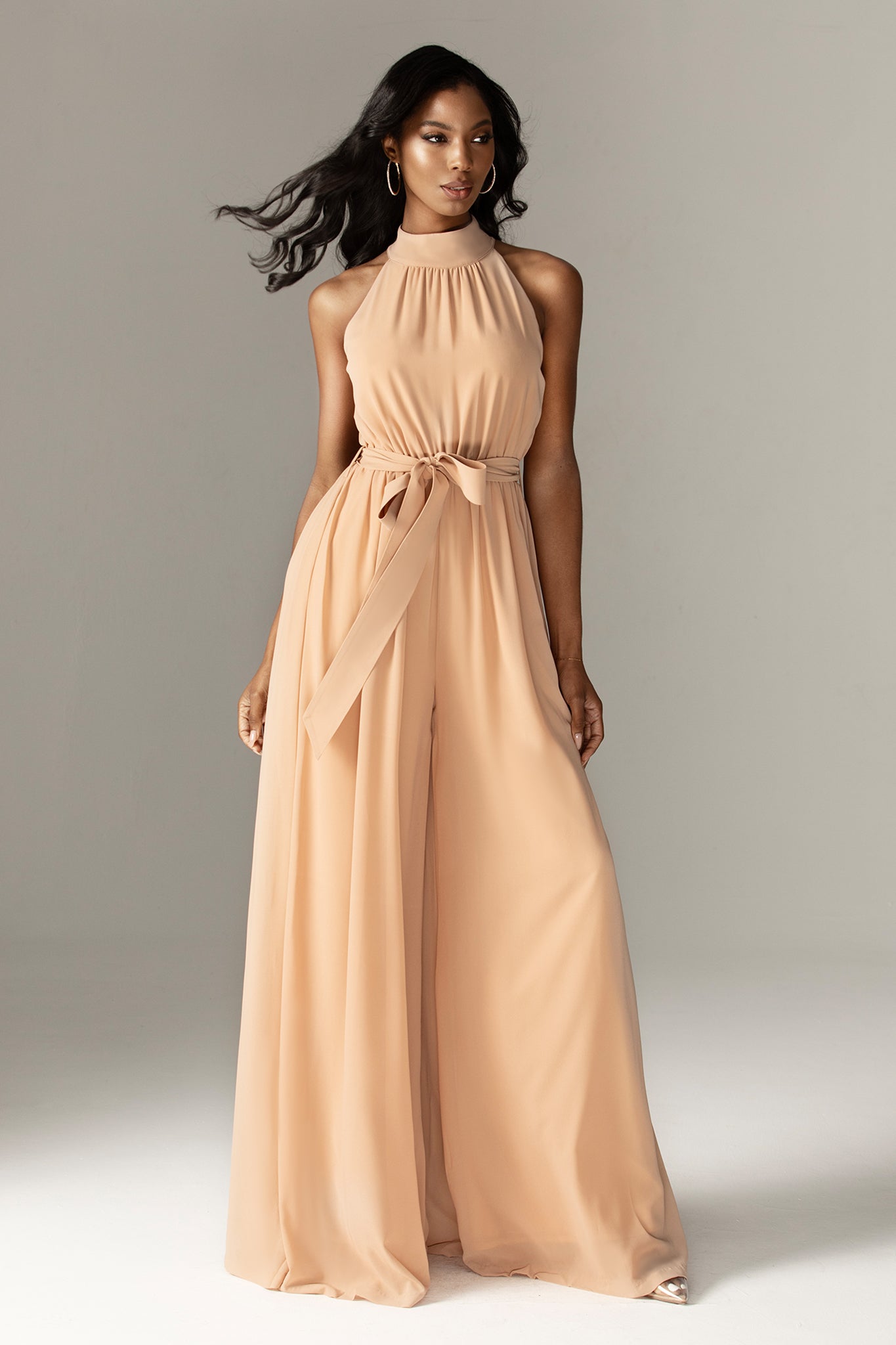 Fadia Chiffon Wide Leg Belted Jumpsuit (Nude)