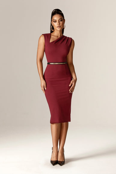 Luna Draped Shoulder Cutout Midi Dress (Burnt Maroon) XL
