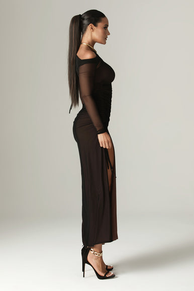 black organza mesh maxi dress S Black Sheer Organza High-Neck Maxi Dress