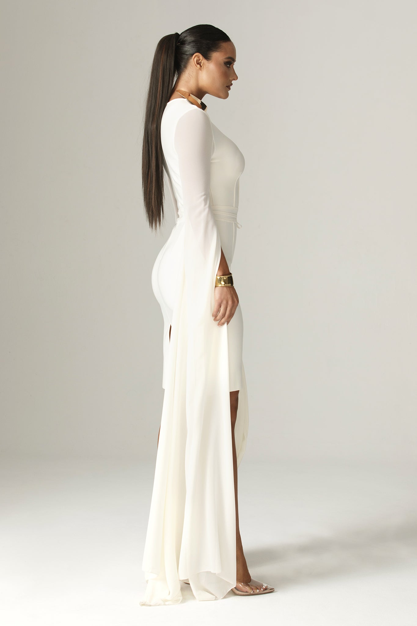 Ziba Bandage Shawl Sleeves Midi Dress (Ivory)