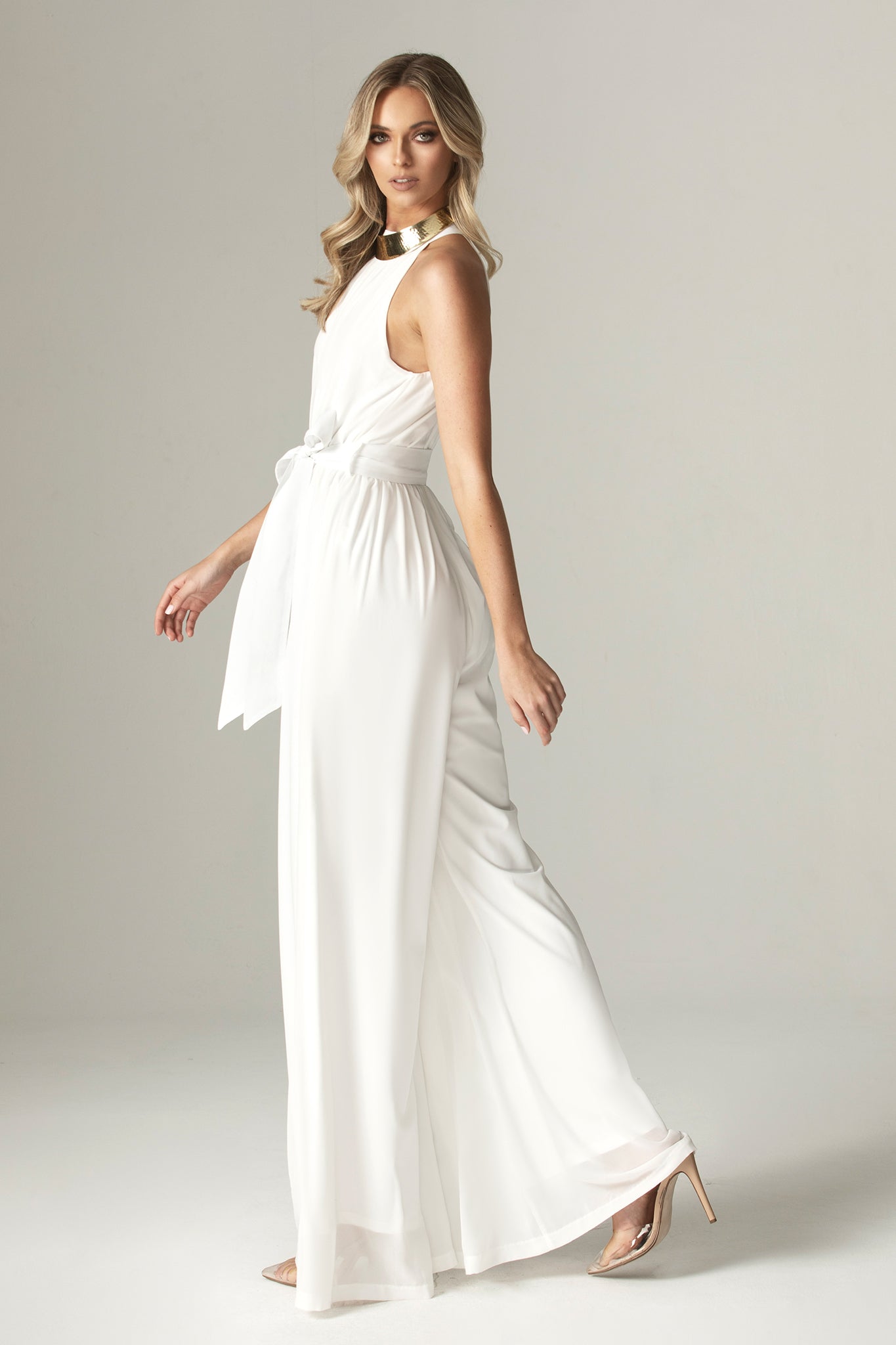 Fadia Chiffon Wide Leg Belted Jumpsuit (Off White)