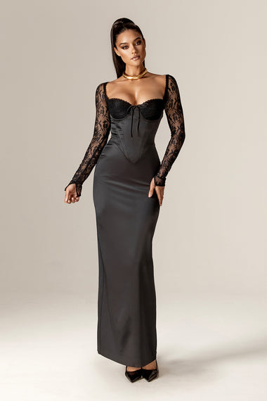 Dionne Sweetheart Corset Lace-Up Maxi Dress (Black)