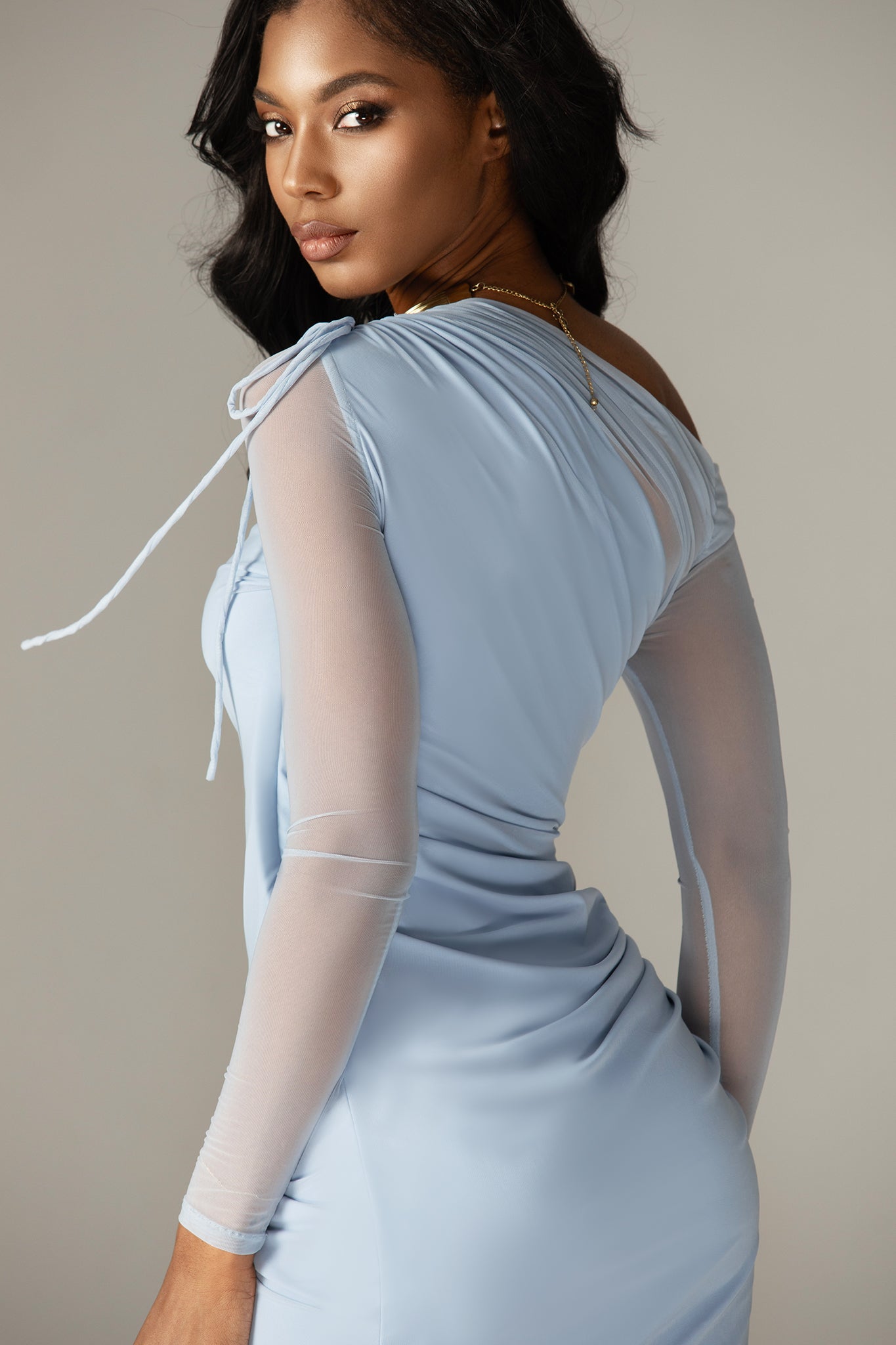 Dua Organza Ruched Mesh Long Sleeve Cut Out Maxi Dress (Soft Blue)