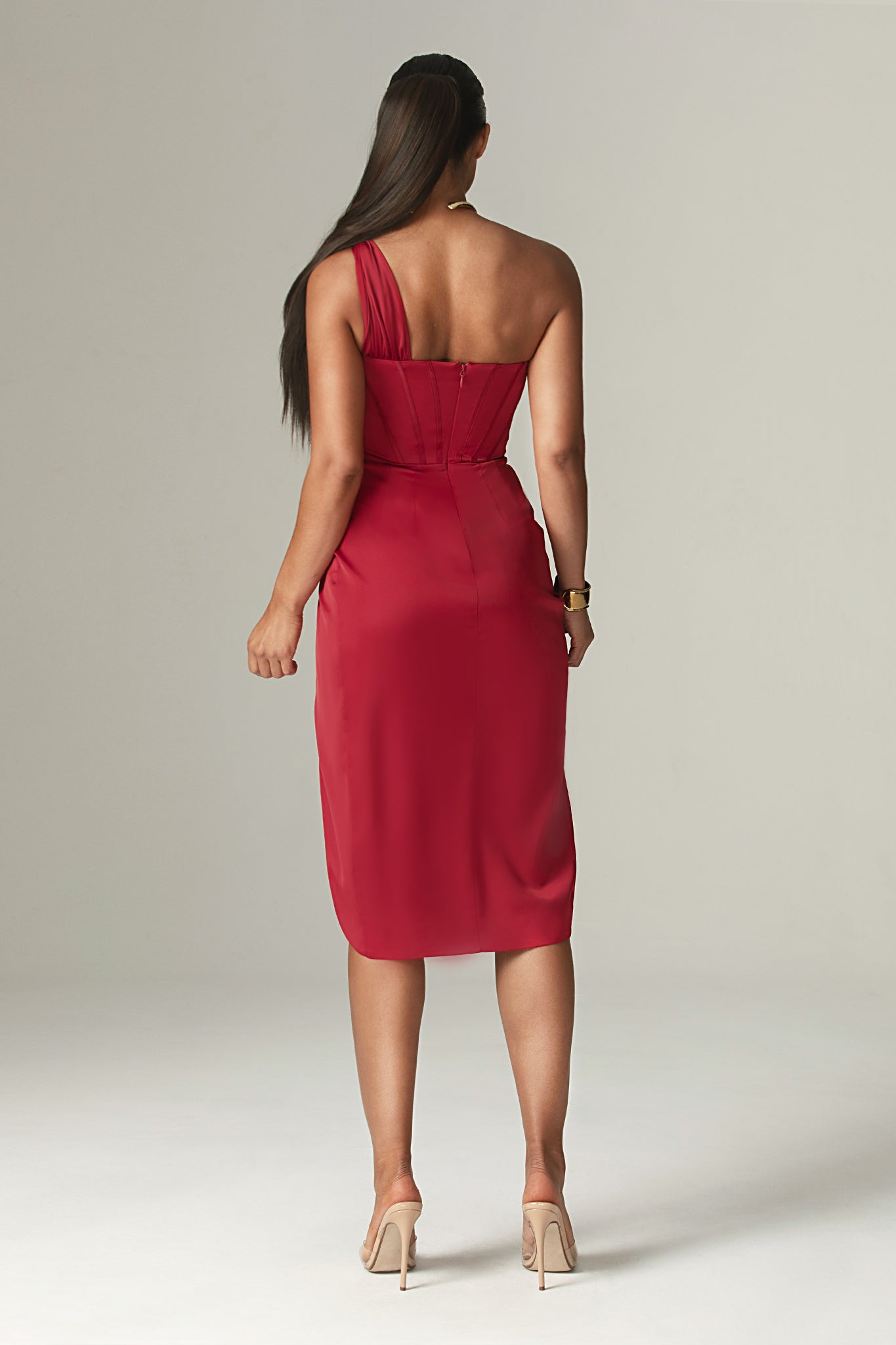 Harper Corset Satin Midi Dress (Maroon)