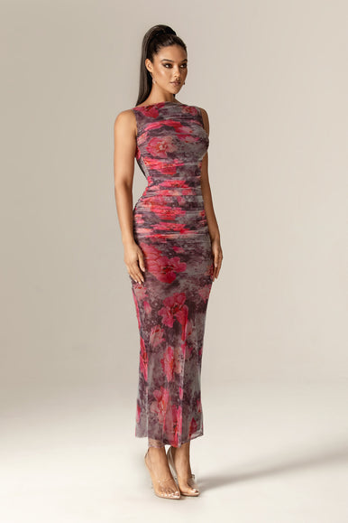 Ingrid Mesh Ruched Maxi Dress (Hibiscus Floral) Ingrid Mesh Ruched Maxi Dress (Hibiscus Floral)
