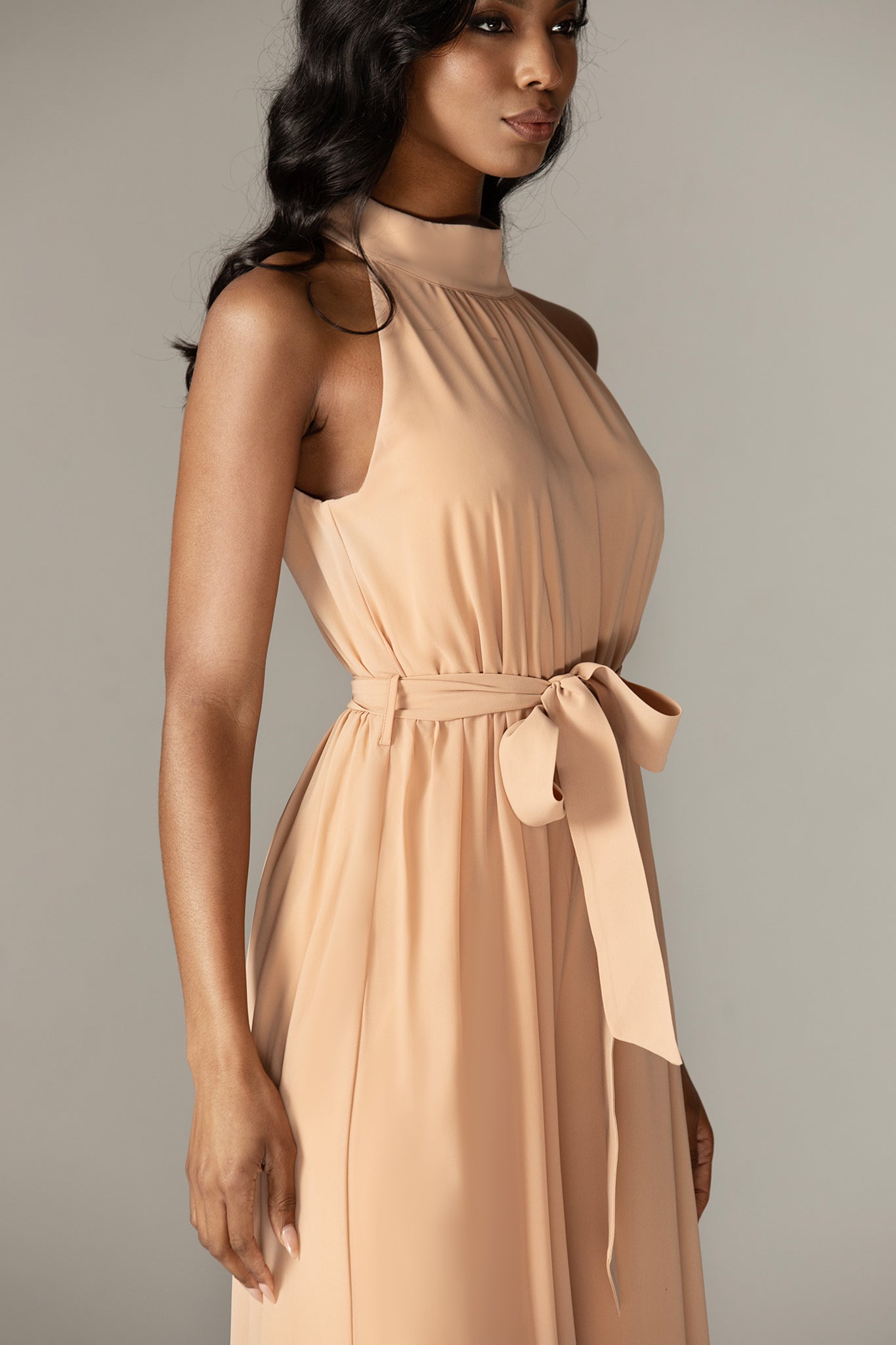 Fadia Chiffon Wide Leg Belted Jumpsuit (Nude)