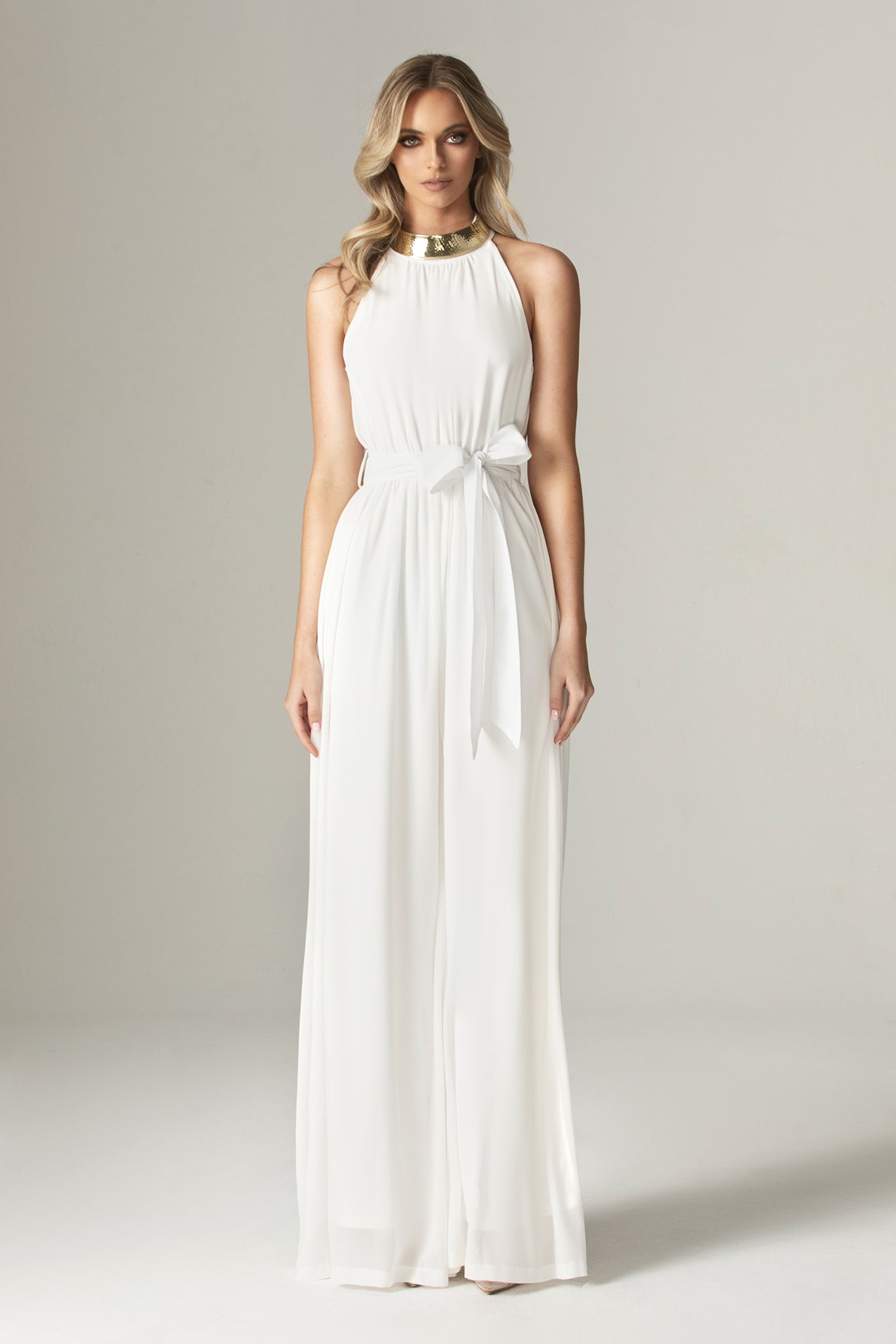 Fadia Chiffon Wide Leg Belted Jumpsuit (Off White)