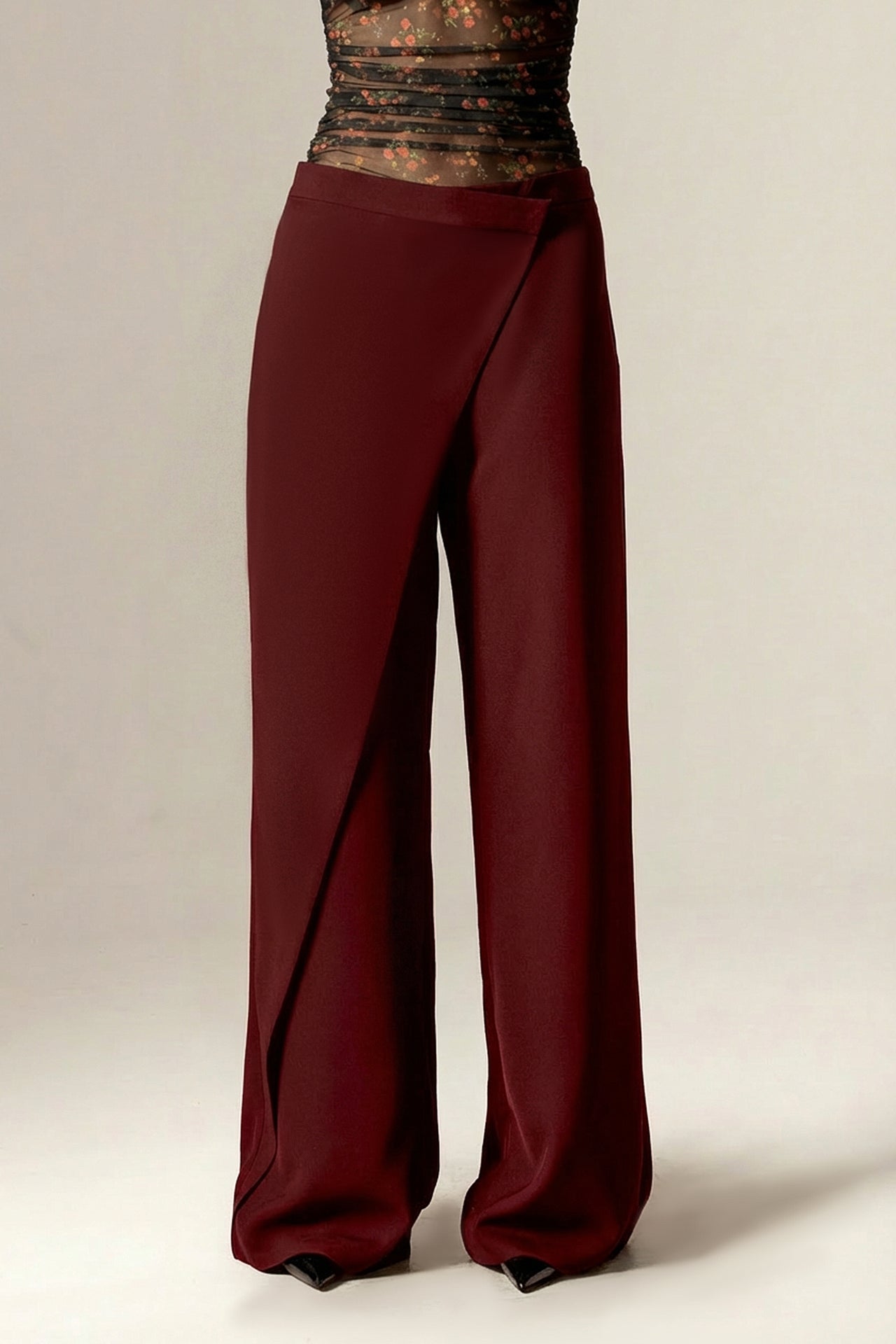 Mila Draped Wide-Leg Crepe Pants (Goth Red)