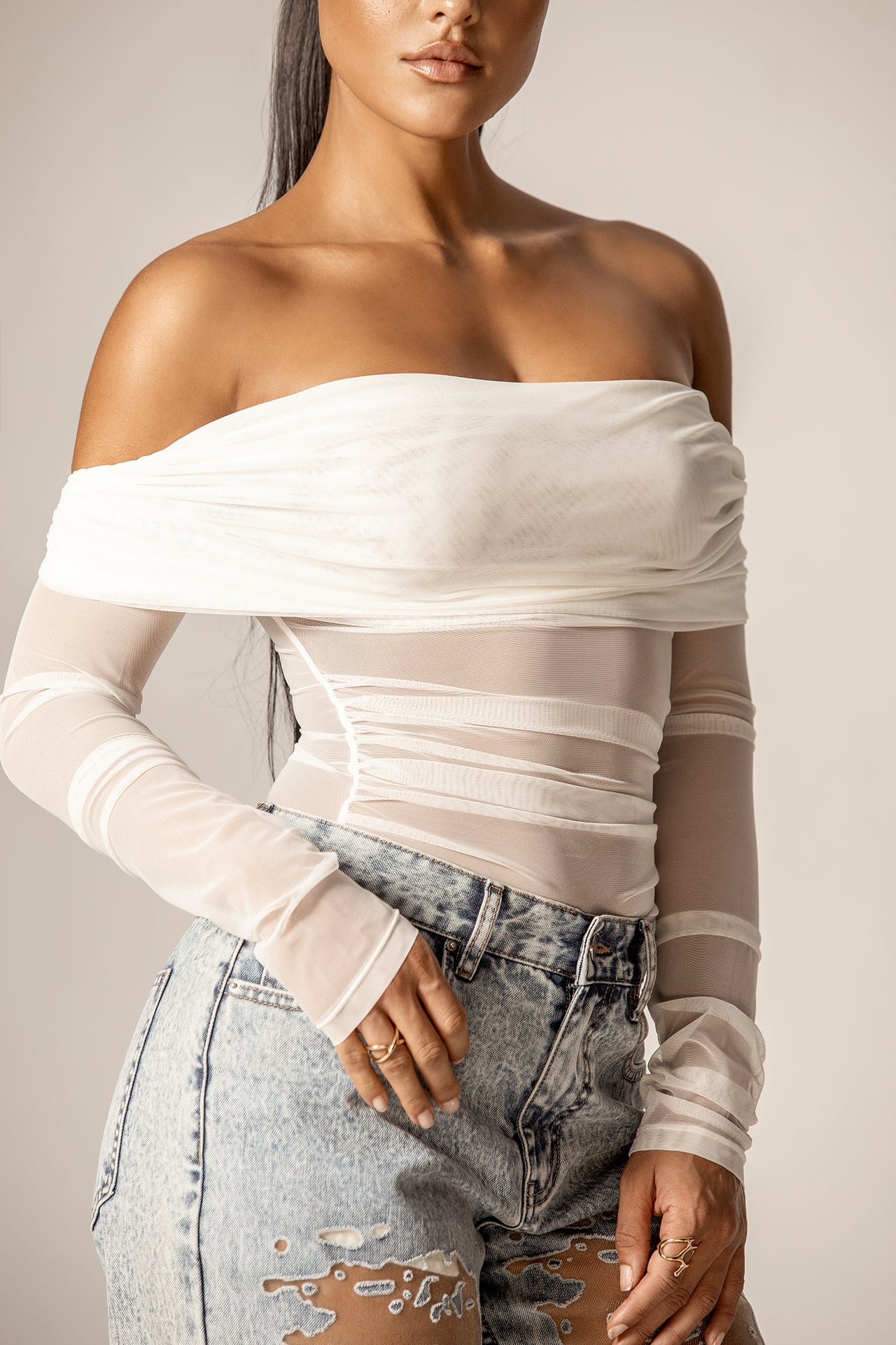 Regina Draped Off-Shoulder Mesh Top (Off White)