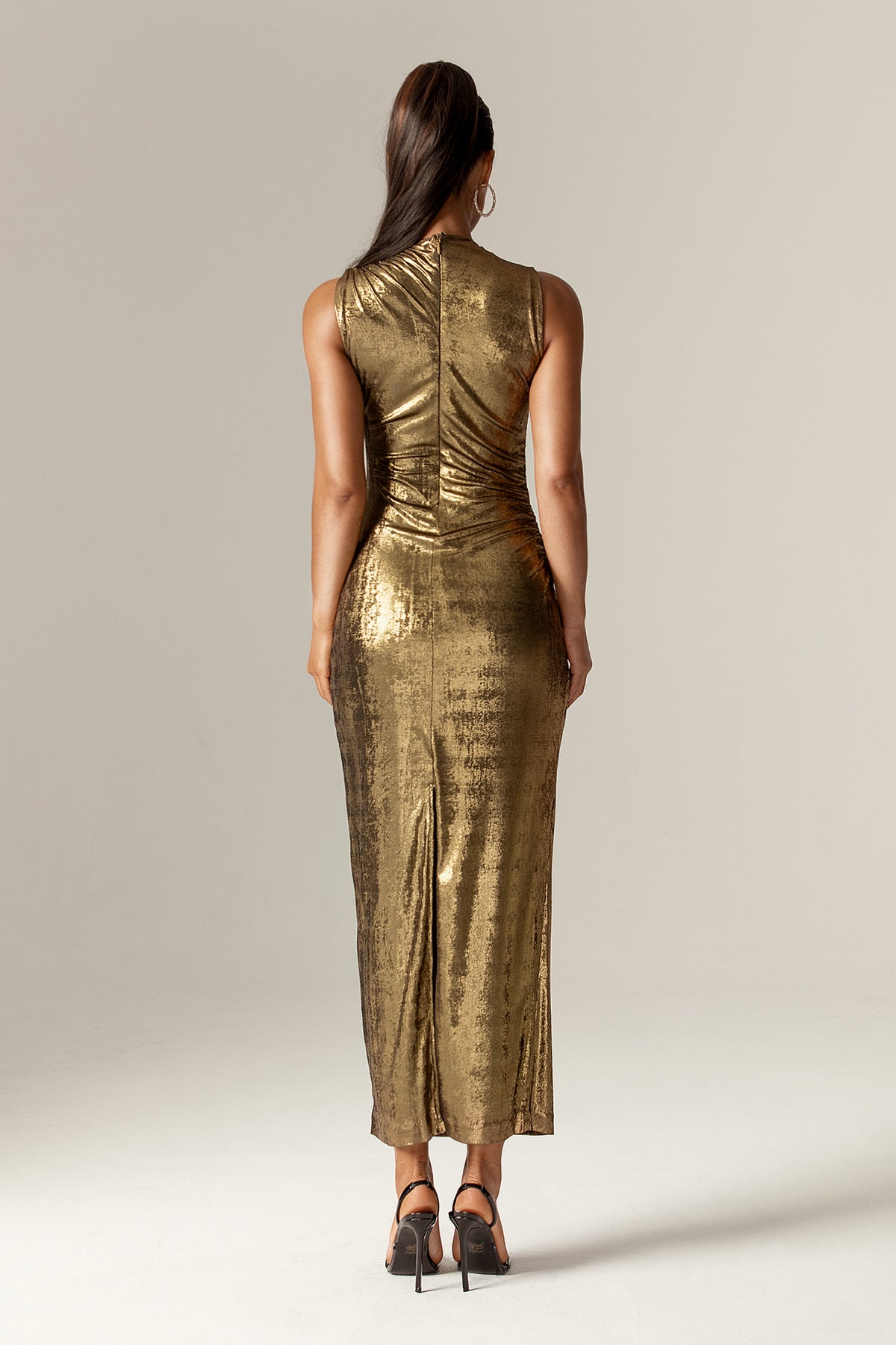 gold metallic ruched dress One Shoulder Metallic Ruched Midi Gown - SMALL / YELLOW