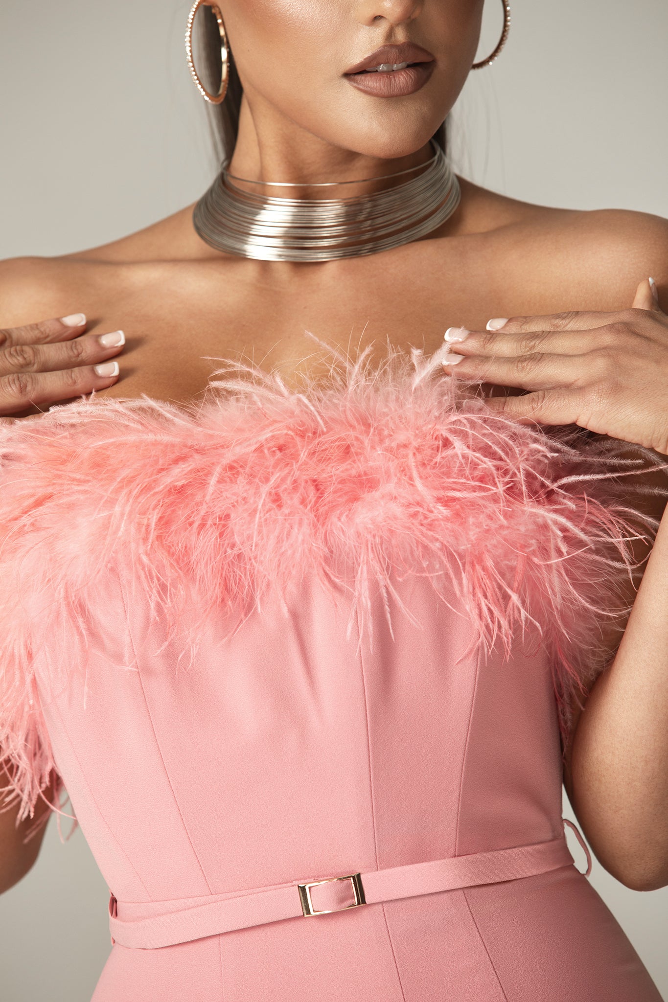 Carmen Strapless Corset Belted Midi Dress (Blush Pink)