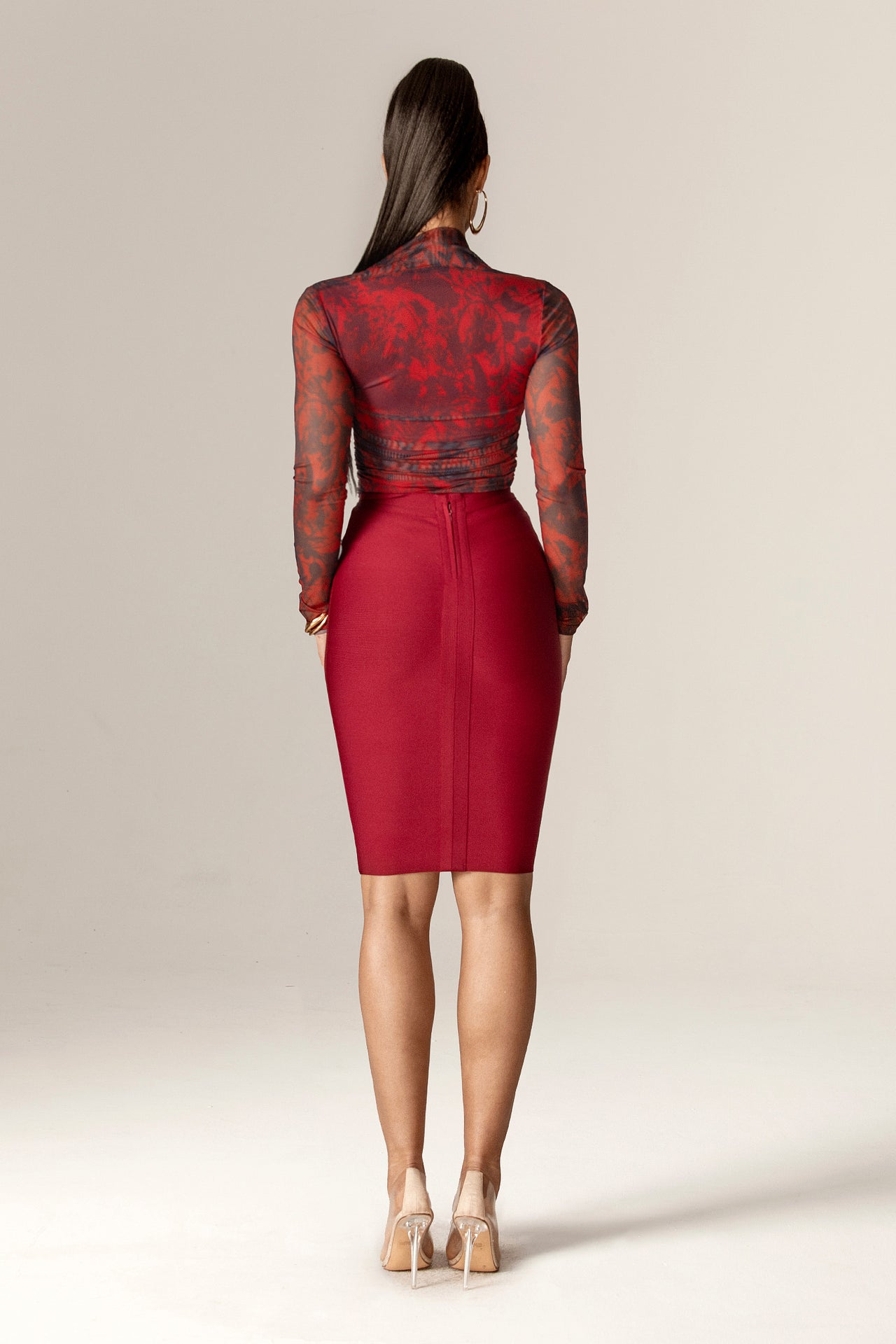 Agron Long Sleeves Mesh Top (Wine Burnout Floral)