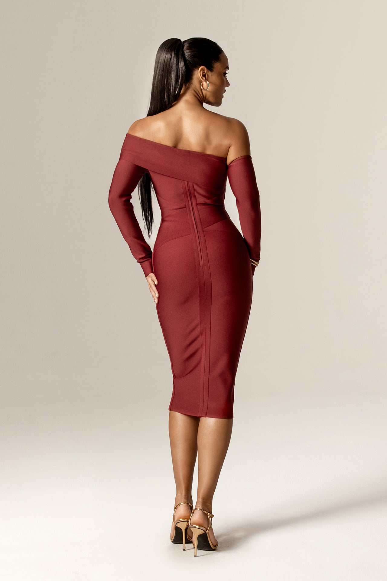 Shiva Off-Shoulder Bandage Midi Dress (Fire Brick)