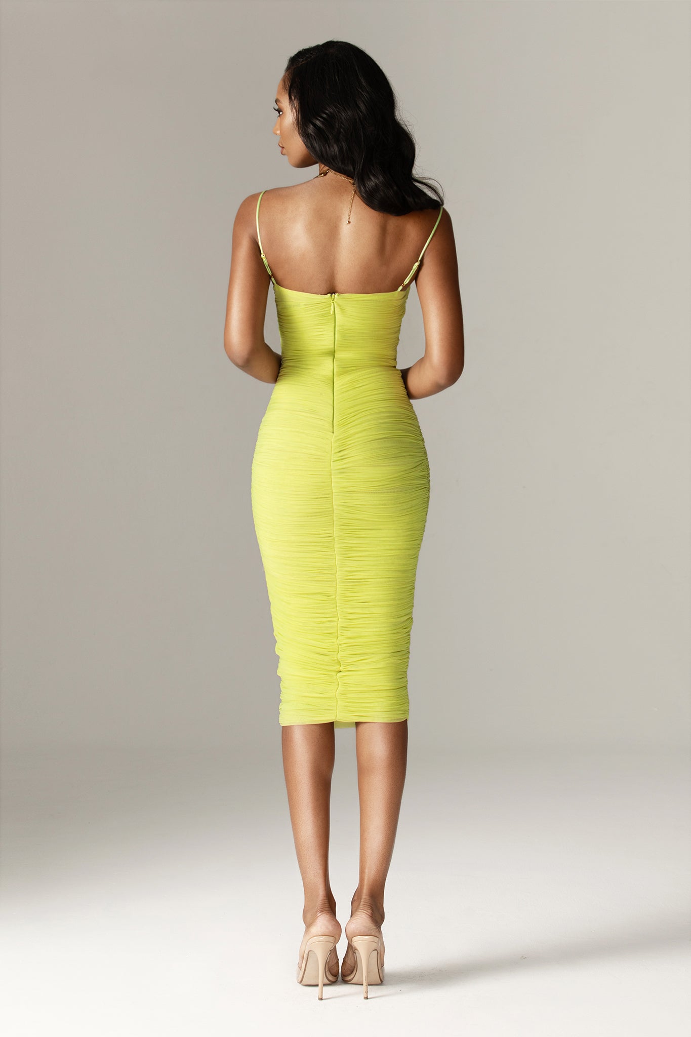 Justina Ruched Organza Mesh Midi Dress (Lime)