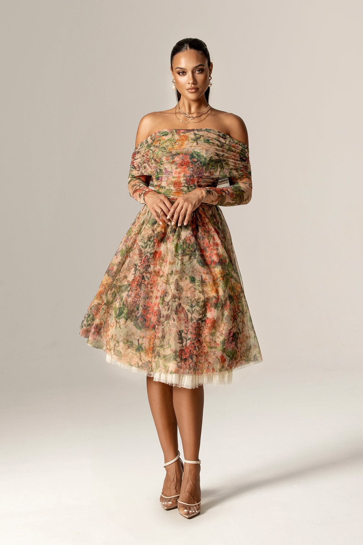 Otilia Off Shoulder Tulle Midi Dress – Floral Print XL