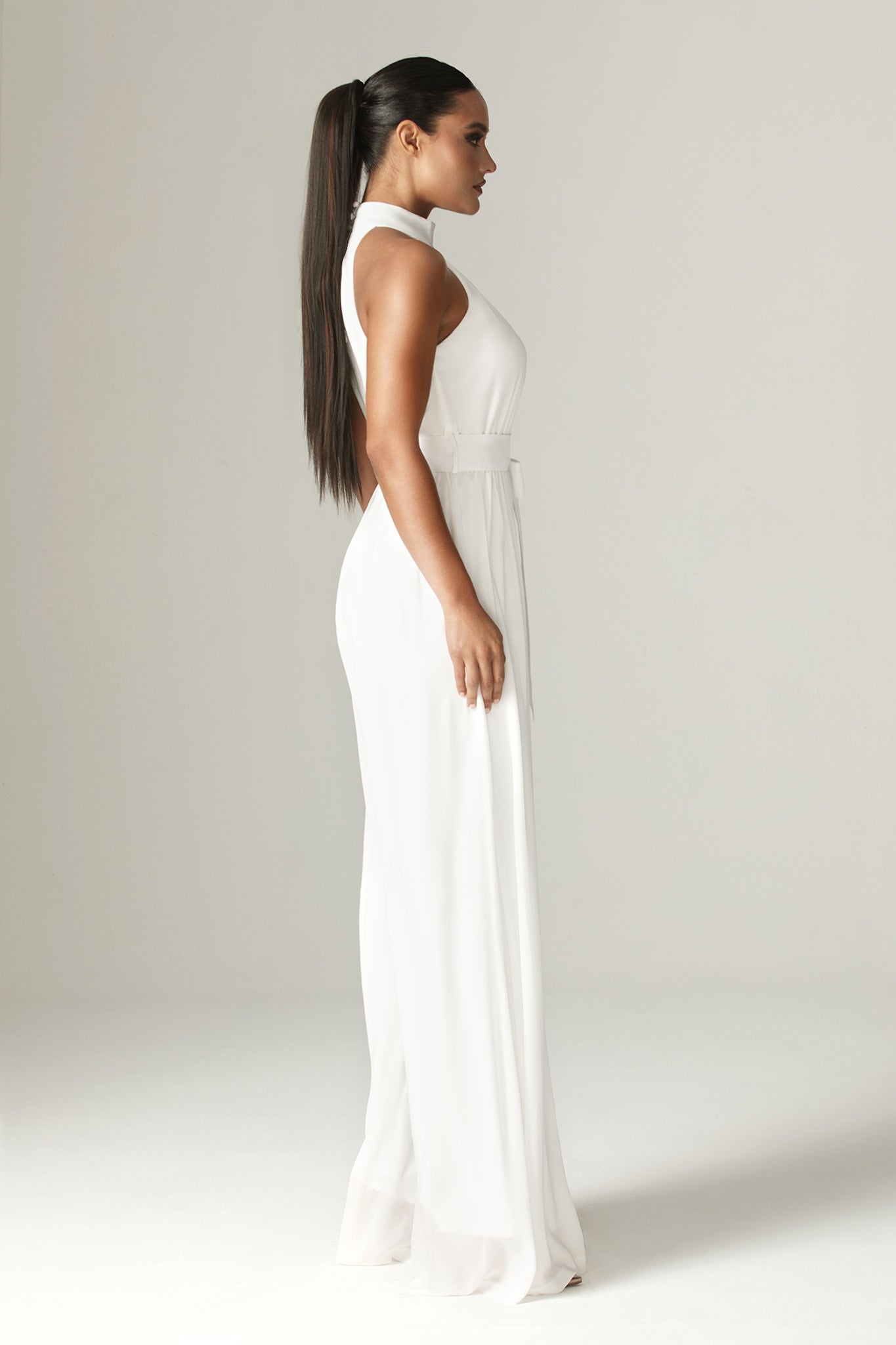 Fadia Chiffon Wide Leg Belted Jumpsuit (Off White)