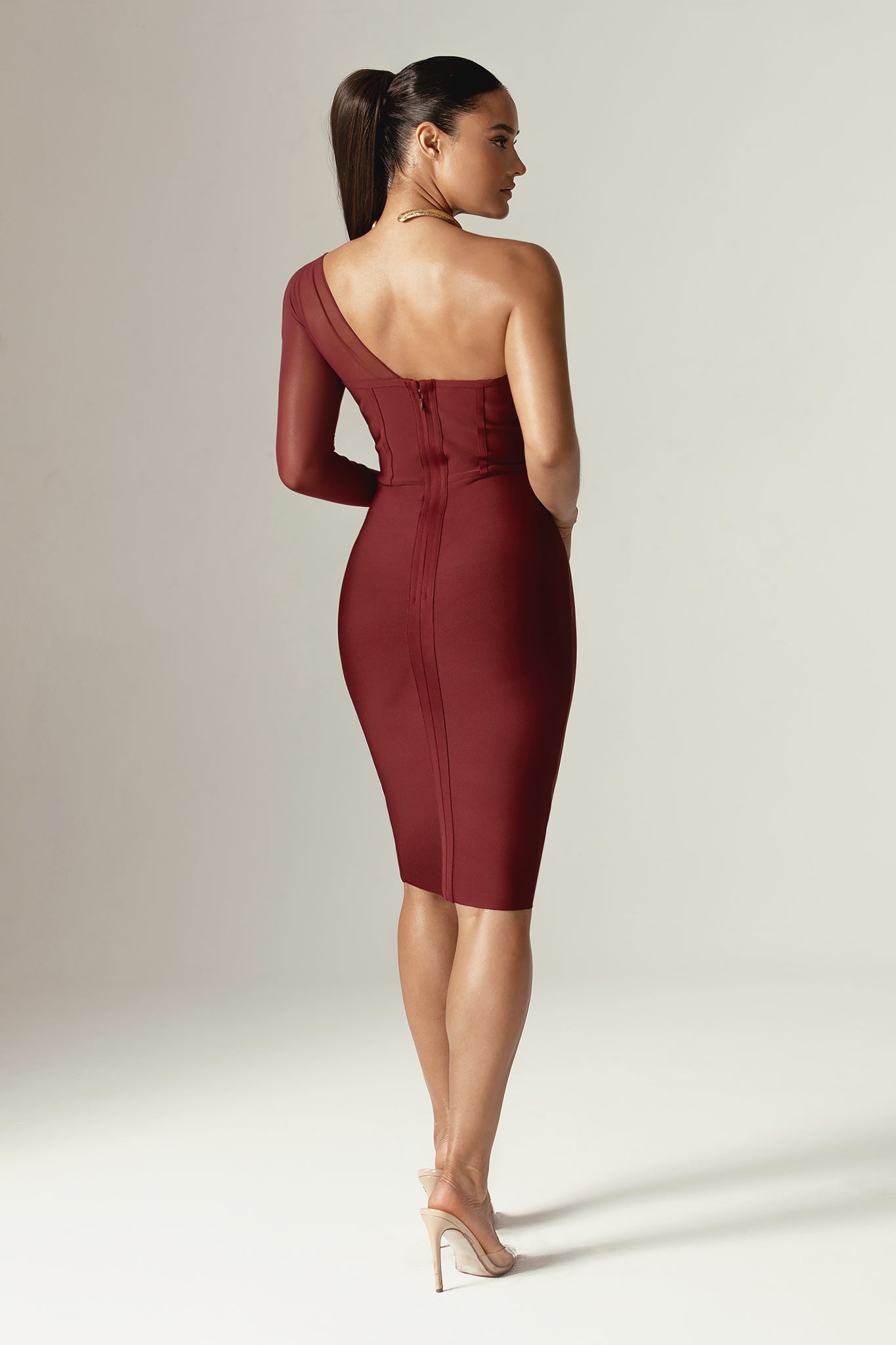 Naomi Mesh Bandage Midi Dress (Burgundy)