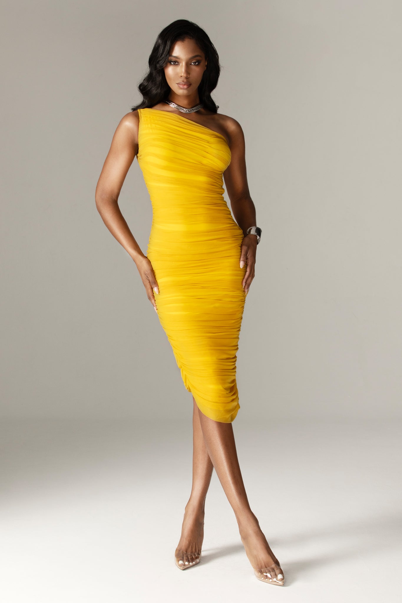 Natasha Ruched Organza Mesh Midi Dress (Yellow)