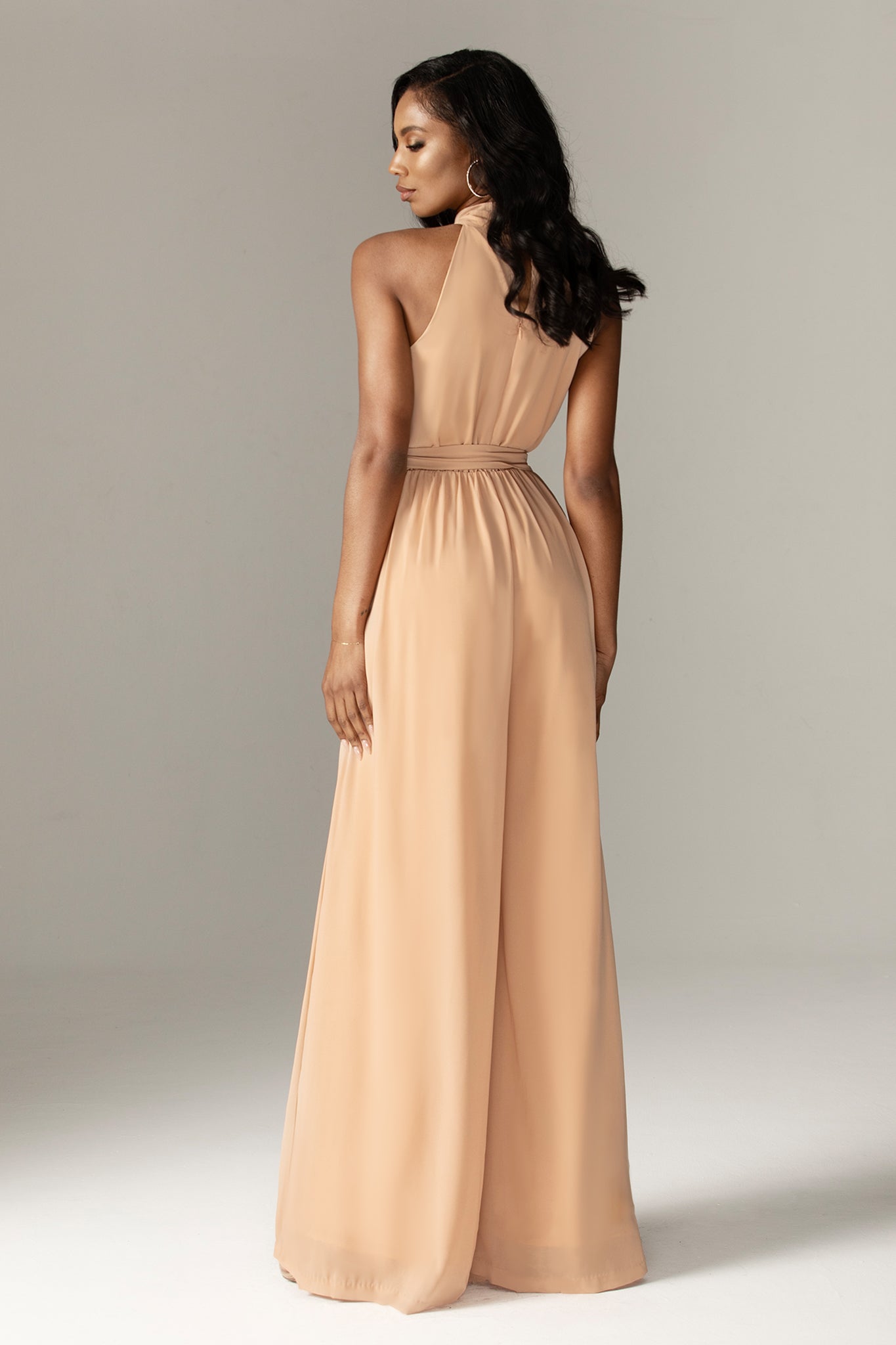 Fadia Chiffon Wide Leg Belted Jumpsuit (Nude)