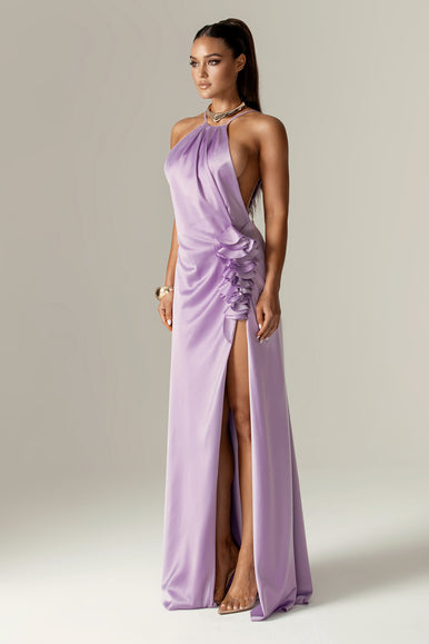 Aliava | Adela 3D Flowers Thigh Slit Maxi Dress (Pastel Lilac) XL Aliava | Adela 3D Flowers Thigh Slit Maxi Dress (Pastel Lilac) XL