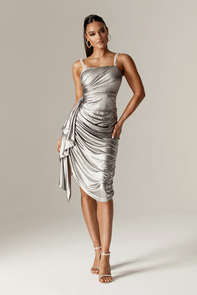sandra midi dress Sandra Metallic Ruched Straps Midi Dress (Metallic Shimmer)