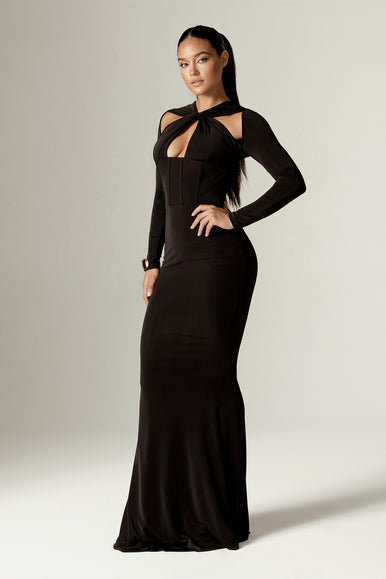 Baran Criss Cross Neckline Maxi Dress (Black) Baran Criss Cross Neckline Maxi Dress (Black)