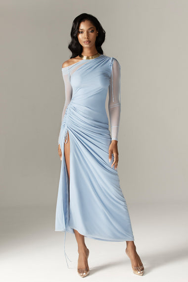 long sleeve organza dress Dua Ruched Mesh Cut Out Maxi (Soft Blue) XS Serenade Espresso Beaded Maxi piccolas collection it creates a soft Color:White / Blue