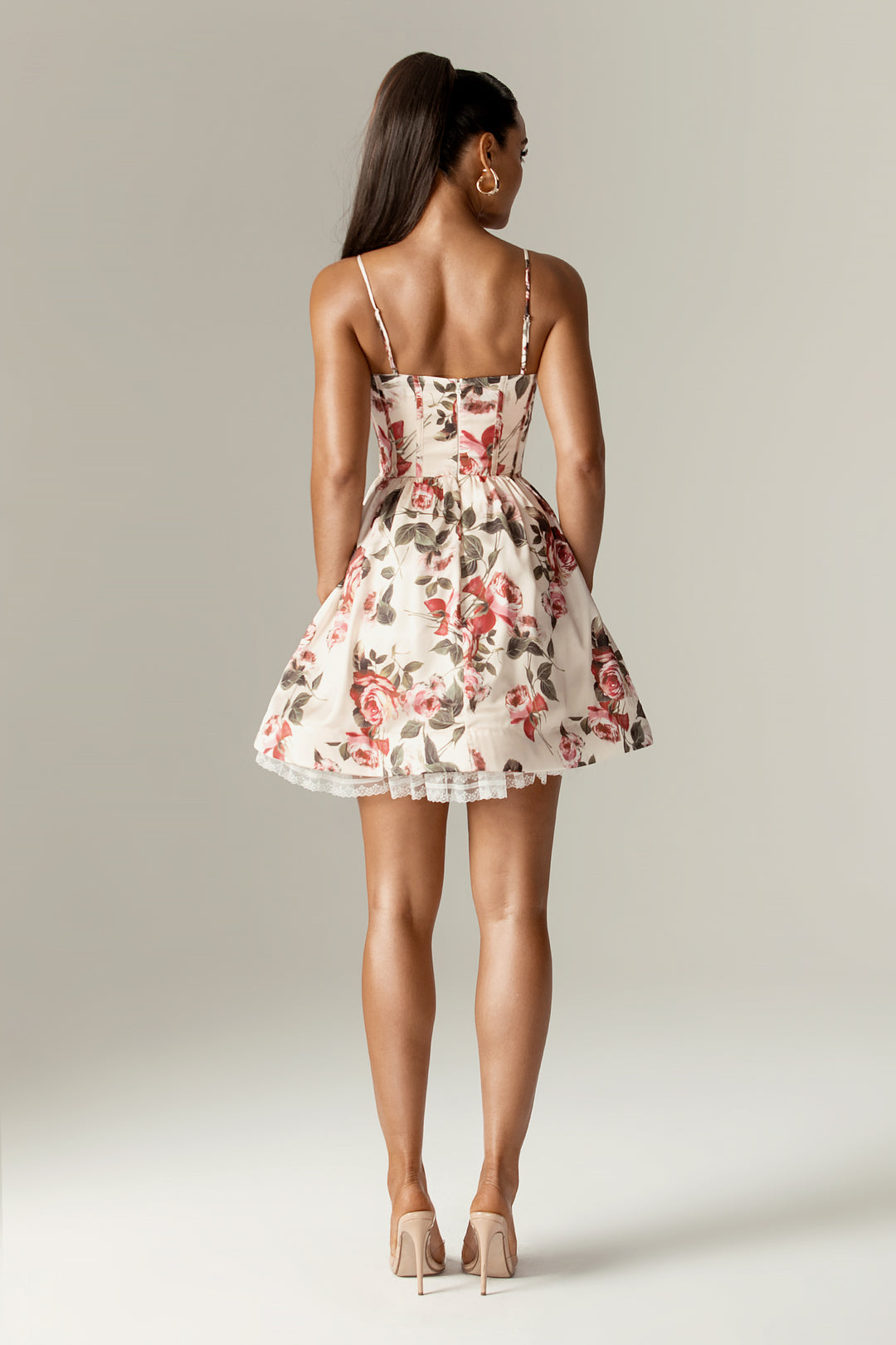 ruched corset mini dress in small rose print AMAROSE Ivory White Corset Mini Dress