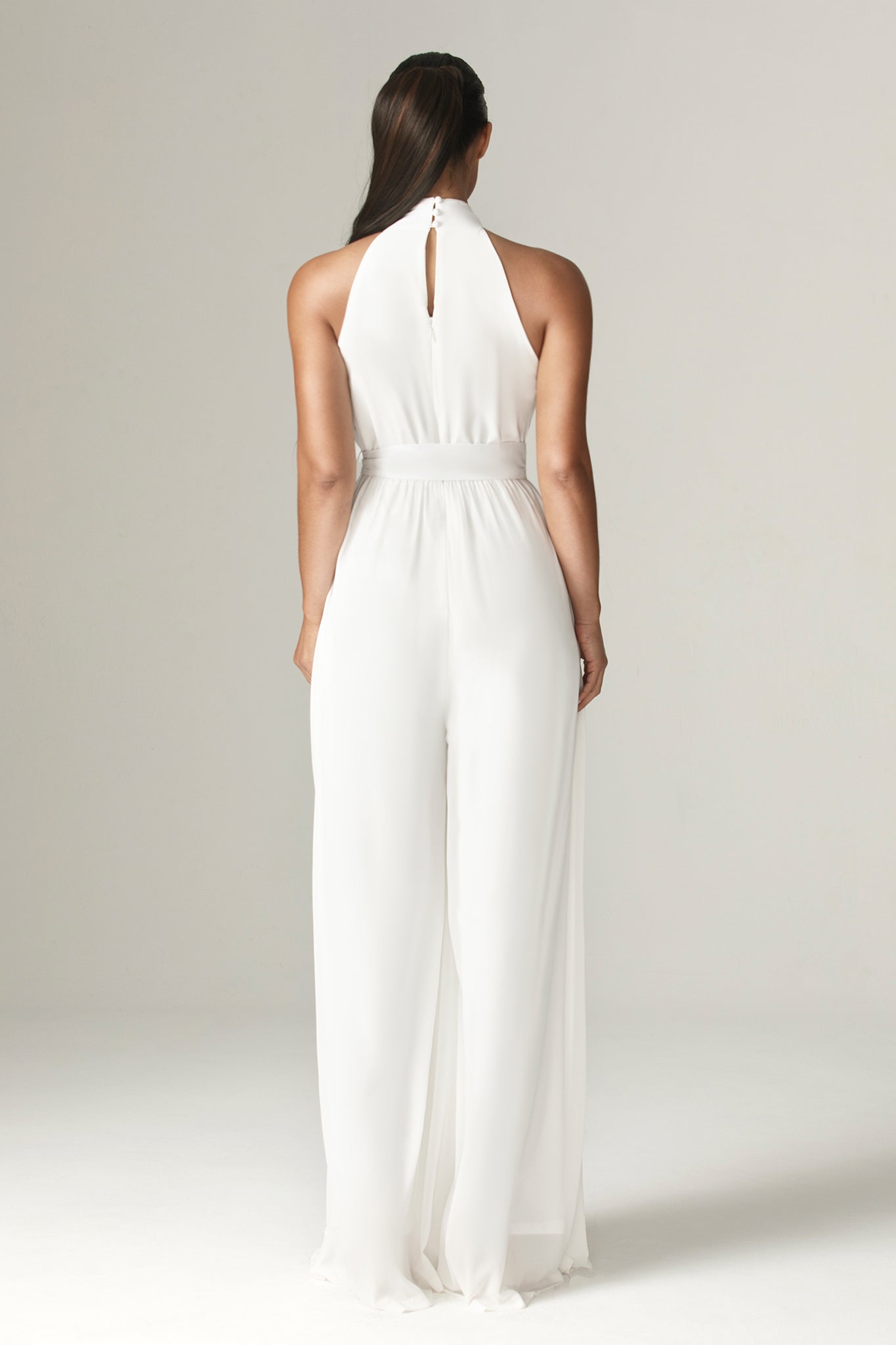 Fadia Chiffon Wide Leg Belted Jumpsuit (Off White)