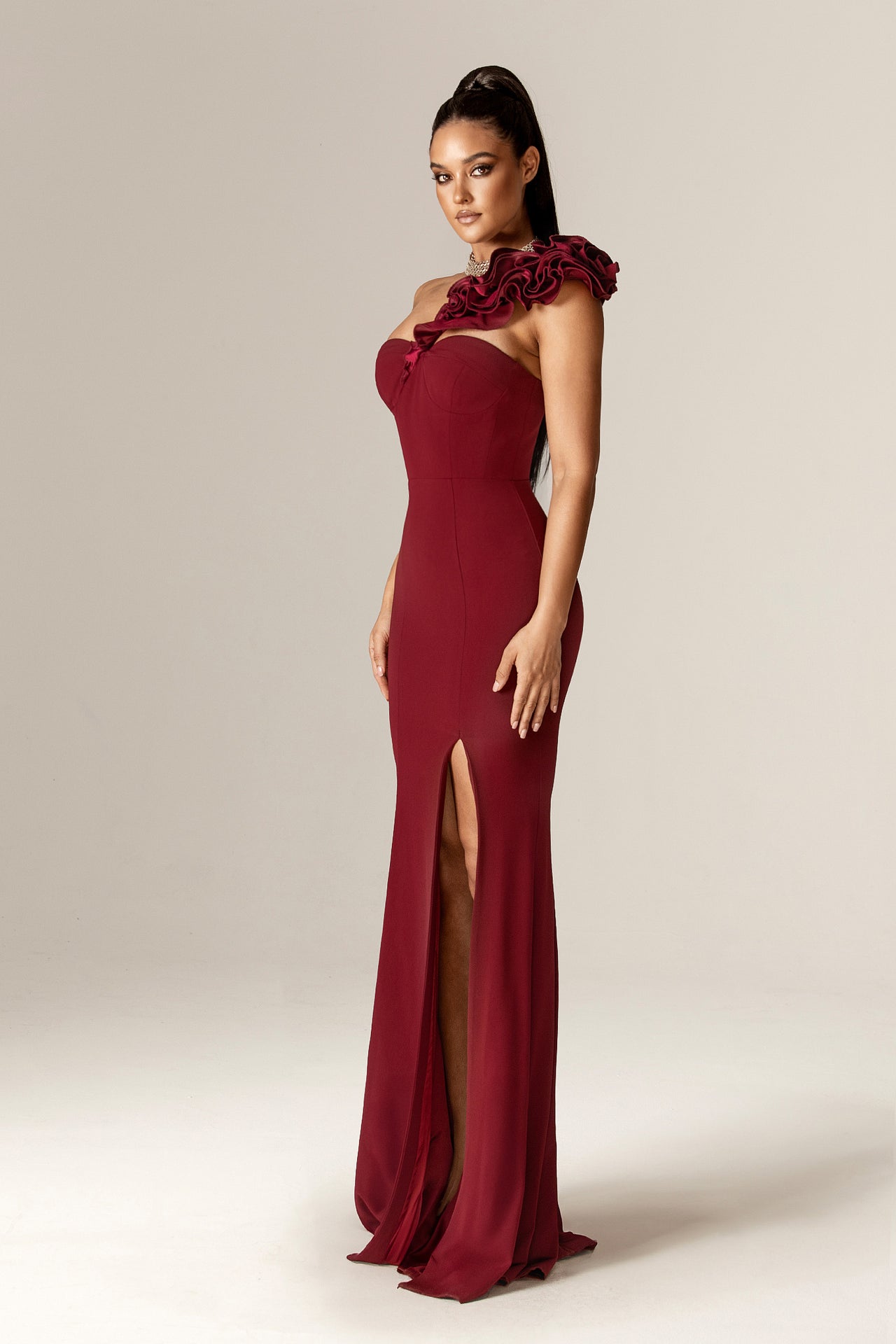 Avery 3D Flowers Corset Maxi Gown (Maroon)