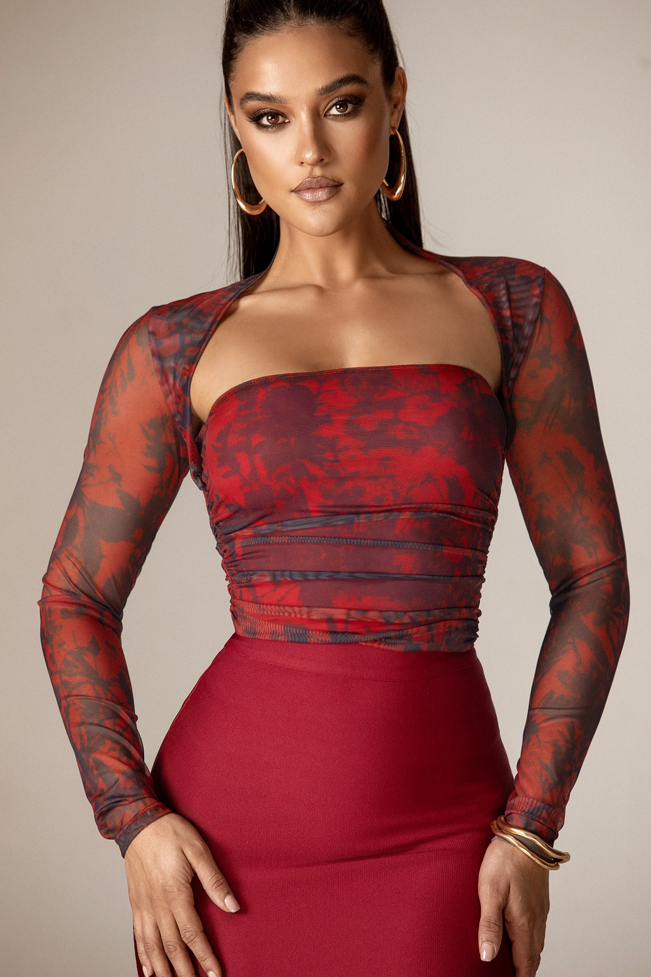 Agron Long Sleeves Mesh Top (Wine Burnout Floral)