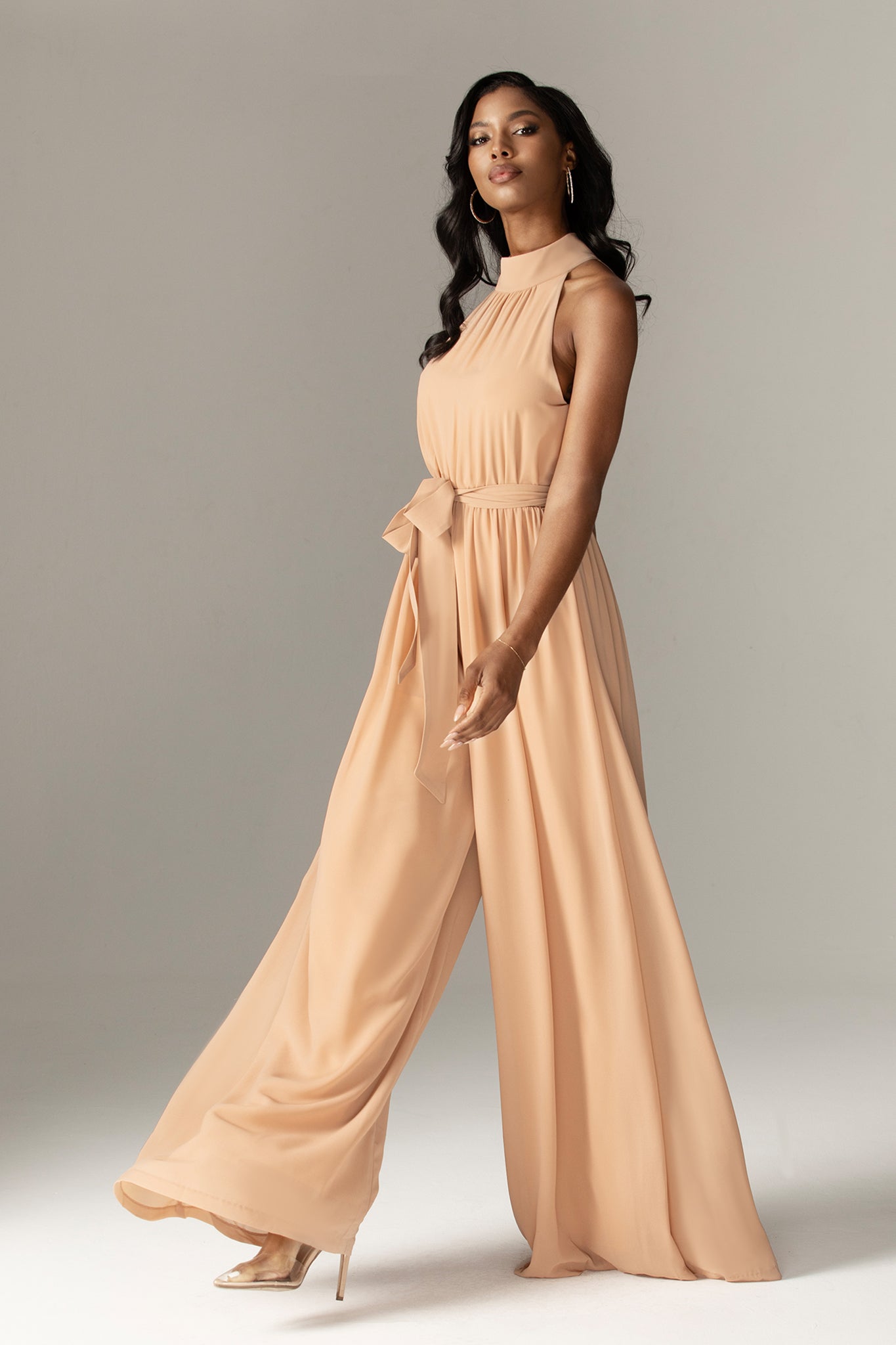 Fadia Chiffon Wide Leg Belted Jumpsuit (Nude)