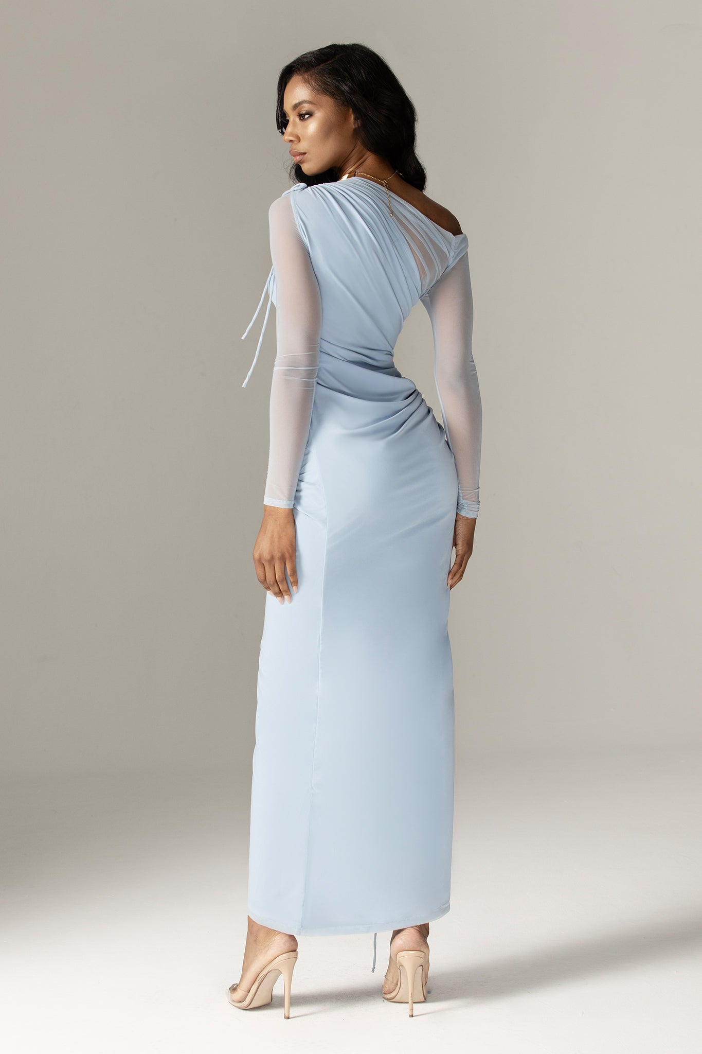Dua Organza Ruched Mesh Long Sleeve Cut Out Maxi Dress (Soft Blue)